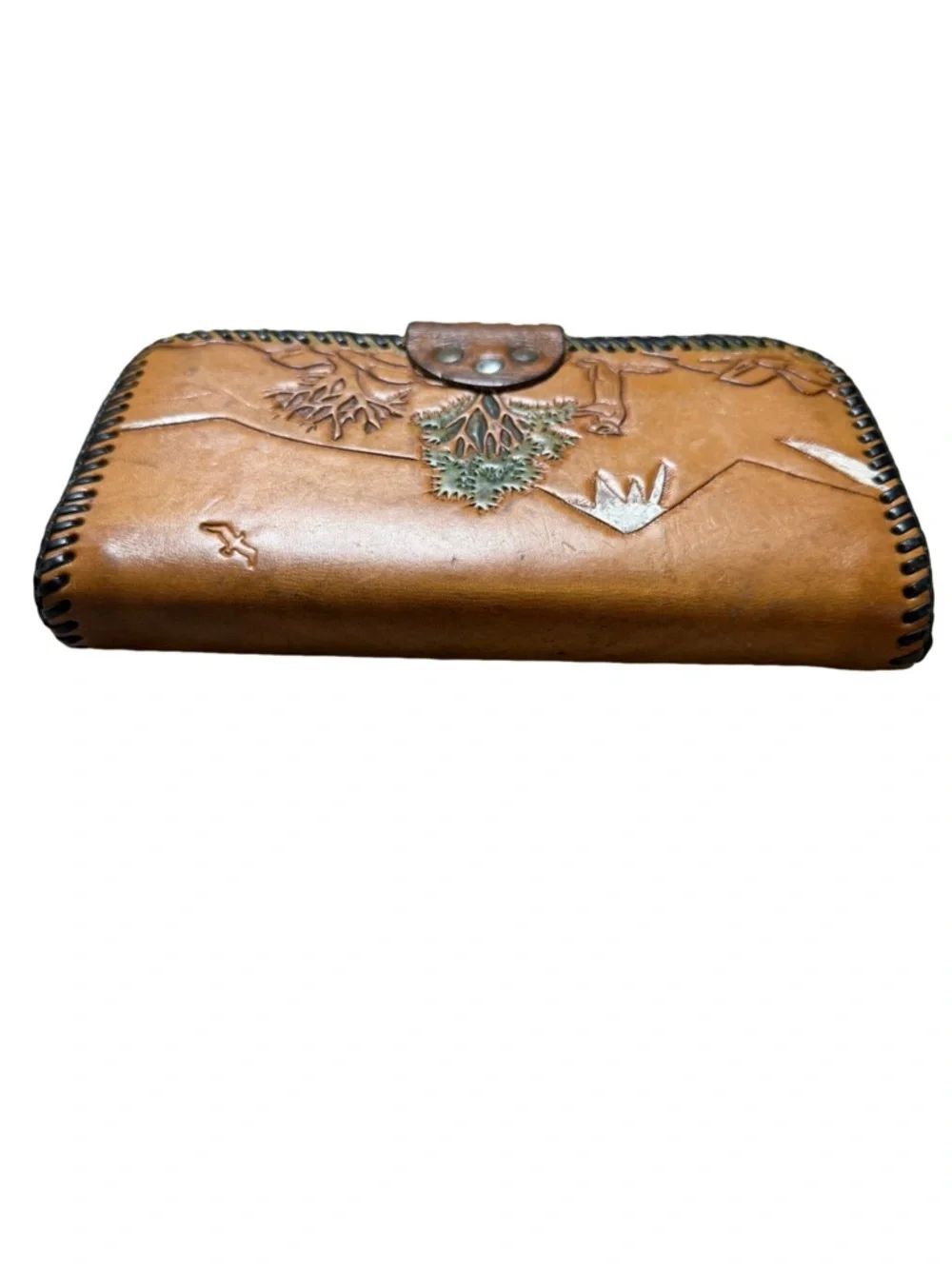 Vintage Hand Tooled Leather Wallet Western Deer Scene Snap Closure Brown
